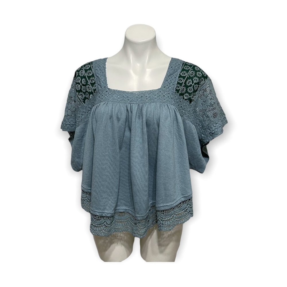 Free People Medium Prairie Days Short Sleeve Square Neck Blue Prairie Boho Top - Picture 2 of 8